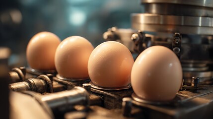 Four eggs positioned in a machine. Close-up view of the eggs within the processing equipment. Warm lighting illuminates the eggs