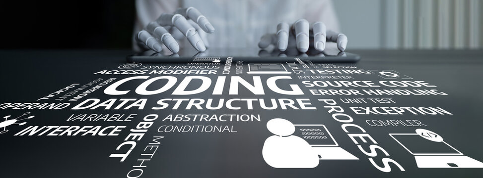 Creative representation of coding concepts with hands typing on a keyboard, showcasing coding, algorithms, data structure, process, and interface elements.. Tessel.