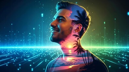 Smiling man with tropical sunset and palm tree silhouette layered on his head and neck in a digital data flow futuristic background. - Powered by Adobe