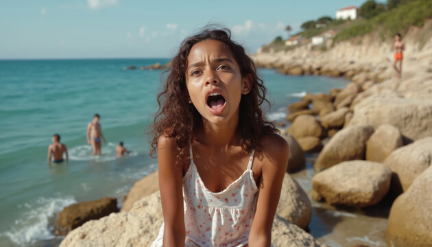 Young girl sits on coastal rocks, sea behind her. She has open mouth, looking with fear. Boys swim in ocean waves on sunny summer day. Rocky shoreline with green hills.