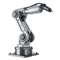 A silver industrial robotic arm standing upright against a plain black studio background showing detail