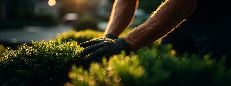 Gardener trimming plants in early morning sun, light catching dew, cinematic serenity, mindful work, peaceful nature moment, timeless dedication, soft lifestyle realism, with copy