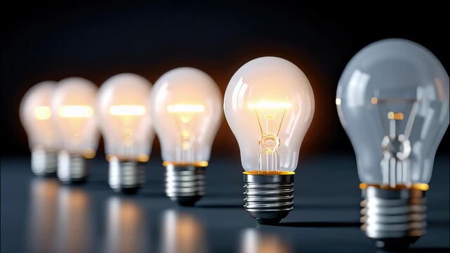 One illuminated light bulb standing out a row of dim light bulbs, symbolizing creativity, unique and innovation, ideas video 4k