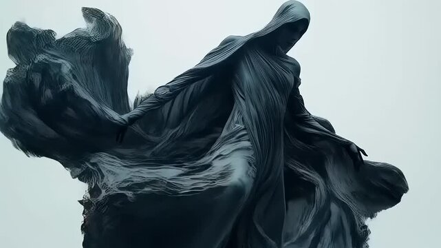 Dark enigmatic figure draped in fabric evoking emotion and surreal atmosphere