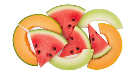 Assortment of fresh sliced watermelon cantaloupe and honeydew melons.