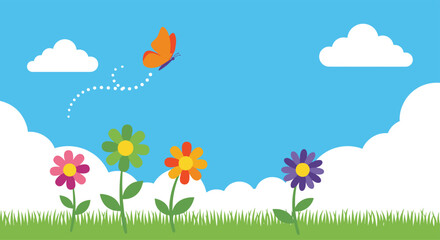 Obraz premium A beautiful butterfly flies over colorful flowers in a sunny meadow.