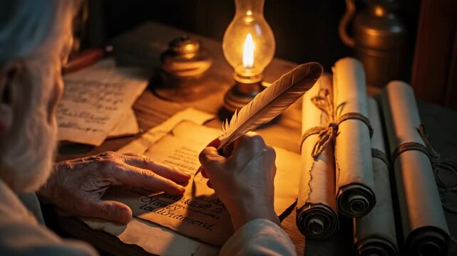 Ancient man writing with quill on old paper by oil lamp light. Historical scribe or evangelist creating text. Old bible times concept for education.