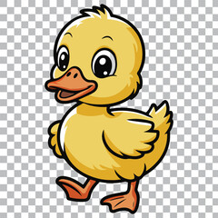 A cute, fluffy yellow duckling with big eyes and an orange beak is depicted walking. The background is transparent.