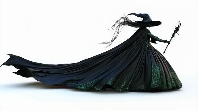 Ethereal sorceress in flowing cape holding magical staff on white background