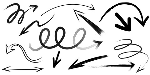 hand drawn sketch pencil drawing many different arrow element set, graphic vector pen scribble icons isolated on transparent png