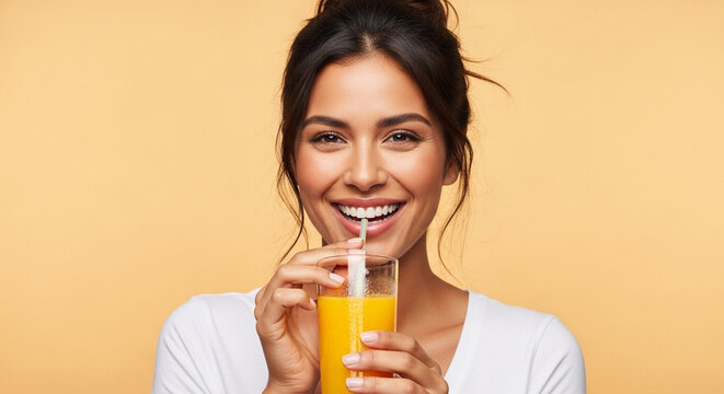 Woman Enjoying a Refreshing Juice Drink with a Straw