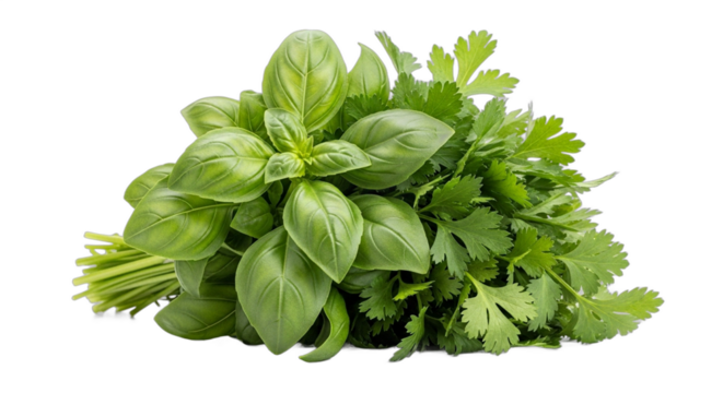 A fresh bunch of green basil and parsley herbs isolated on a transparent background png. - Powered by Adobe