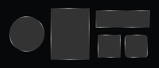 glass effect  geometric shapes like circle, square, rectangle, and rounded square on a black background