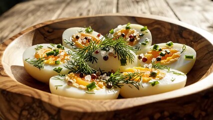 Hard Boiled Eggs with Herbs and Spices - A wooden bowl filled with halved hard-boiled eggs. The eggs are garnished with dill, chives, salt, and peppercorns. - Powered by Adobe