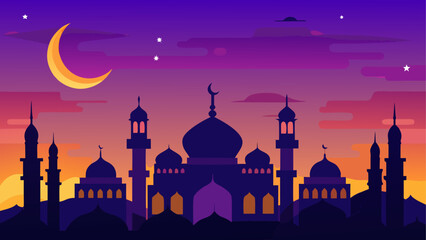 Obraz premium Silhouette of a mosque at dusk with moon and stars on transparent background