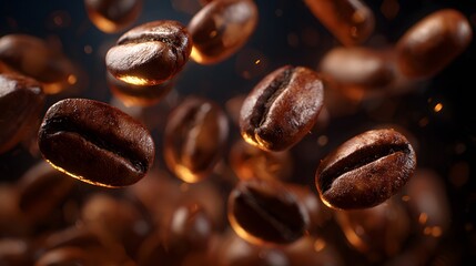 Fototapeta premium Close up of roasted coffee beans floating in the air on dark background
