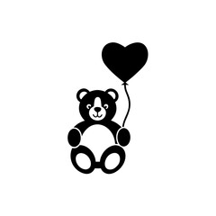 Silhouette of a teddy bear holding a heart shaped balloon on transparent background