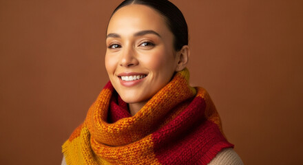 Portrait of a smiling woman wearing a colorful scarf