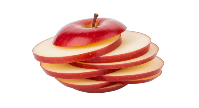 A fresh ripe red apple cut into horizontal slices and stacked.
