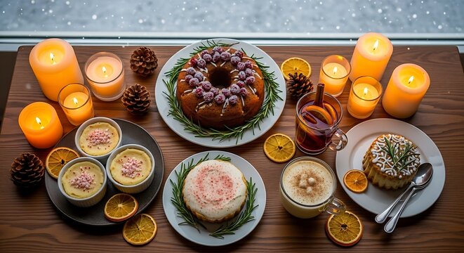 Festive holiday table with desserts and drinks by window