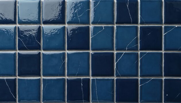 Cracked blue ceramic tiles texture. Glossy square mosaic surface in dark navy and indigo shades. Elegant geometric grid pattern forms a stylish abstract background for home decor and interior design.
