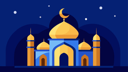 Illustration of a mosque with crescent moon at night on transparent background