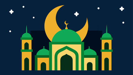 Illustration of a mosque with a crescent moon above on transparent background