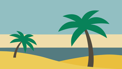 Two palm trees on a beach with ocean and sky view on transparent background