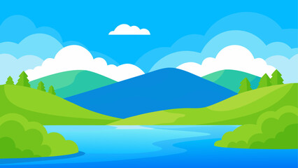 Obraz premium Landscape view of lake hills and cloudy blue sky on transparent background