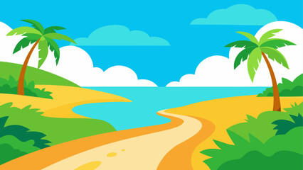Cartoon beach scene with palm trees and blue sky on transparent background