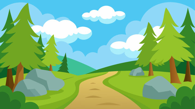 Cartoon landscape with path trees and cloudy sky on transparent background