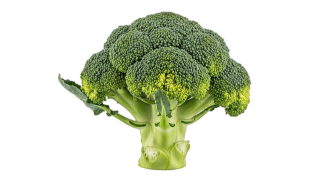 A single fresh green broccoli head with a thick stalk isolated on a plain transparent background png.