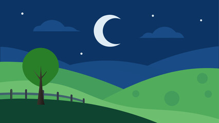 Illustration of a night landscape with moon and tree on transparent background