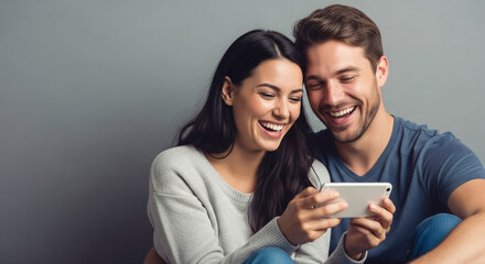Happy couple sharing a laugh while looking at a smartphone together