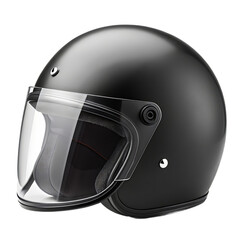 Fototapeta premium A matte black motorcycle helmet with a clear face shield on a black background in a studio setting