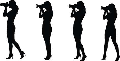 Silhouette illustration of woman photographer holding camera in different poses, professional photography vector art for creative design, studio, and fashion concepts
