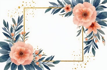 Elegant gold frame with watercolor floral elements and gold dust. Perfect for wedding invites, business cards, and thank you notes. Use for boho or minimal design projects.