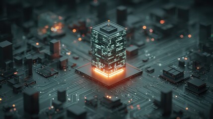 Corporate workflow optimization: illuminated central hub building surrounded by interconnected digital nodes and flowing data pathways