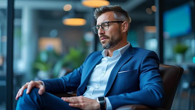 Thoughtful Professional: A focused man dressed in a tailored suit and glasses sits indoors, reflecting with a serious and contemplative expression.