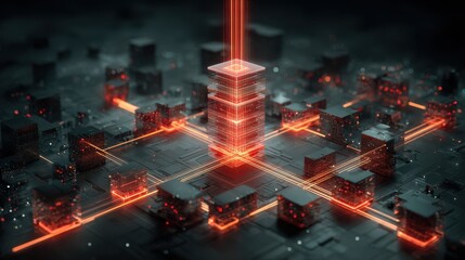 Enterprise process automation: luminous tower structure with radiating neon connections linking distributed processing units and data blocks