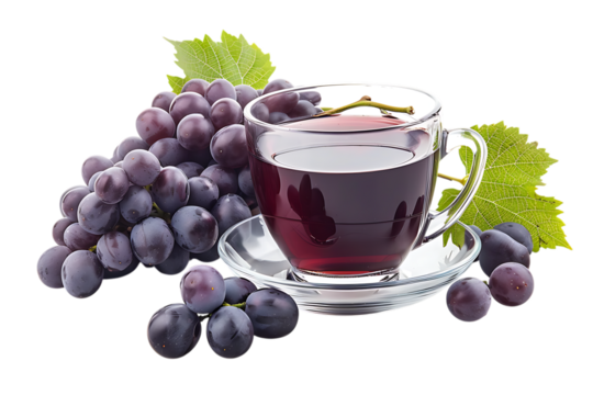 Savor the rich, deep flavor of freshly brewed grape juice served elegantly in a clear glass cup with ripe grapes and vibrant green leaves for a refreshing experience.