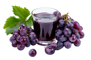 Refreshing glass of rich purple grape juice surrounded by plump ripe grapes and a vibrant green leaf, perfect for healthy beverage concepts.