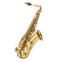 Obraz premium A golden saxophone isolated on a black background showcasing its intricate details and shiny surface