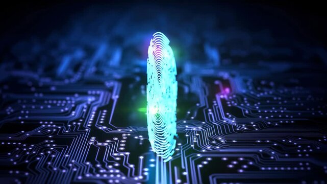 A close-up, top-down view of a glowing fingerprint on a circuit board, highlighting digital security. Perfect for a tech-themed video background. Live desktop wallpaper.