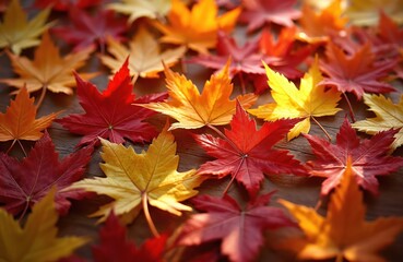 Fototapeta premium Scattered maple leaves in red orange yellow colors lie on a wooden surface. Dry foliage shows texture and seasonal change. Autumn backdrop offers warm natural tones.