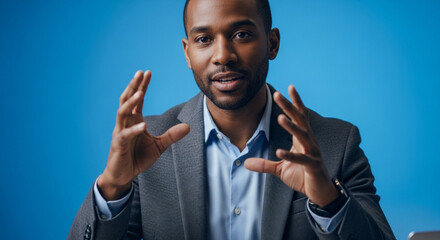 Confident African American businessman gesturing while explaining a concept against a blue background