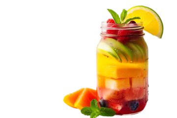 Refreshing layered fruit infused water in a mason jar with citrus, berries, apple slices, and mint for vibrant summer refreshment and healthy hydration.