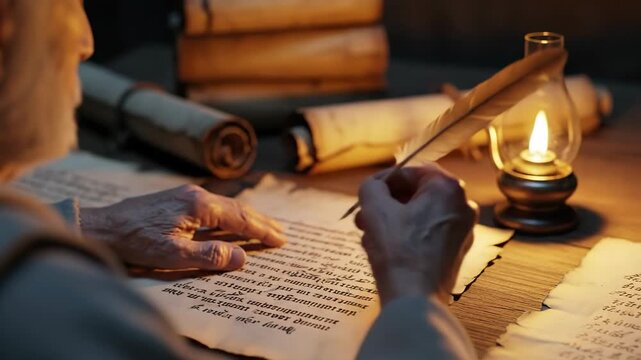 Elderly man writing on ancient scroll with quill pen and oil lamp at night. Historical biblical scribe writing by candlelight.