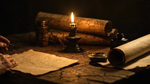Older man writing on parchment paper with a quill pen by candlelight. Ancient scribe, biblical era, and historical record concept.