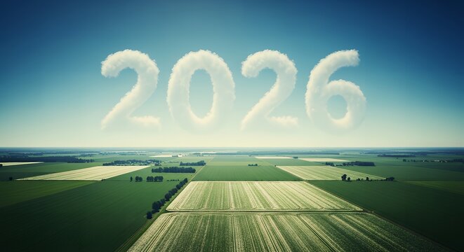 Future year 2026 appears in fluffy clouds over vast green agricultural fields